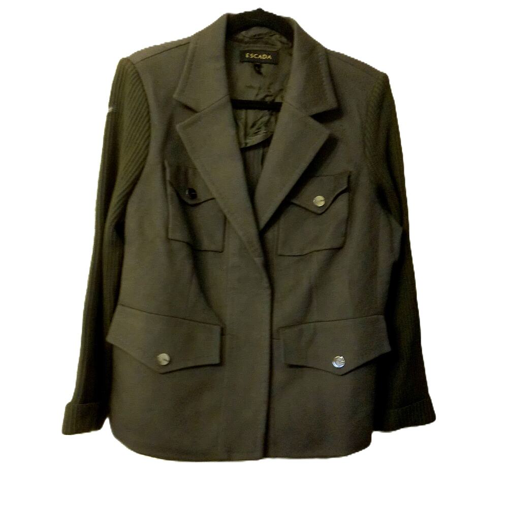 Escada Sport Olive Green Knit Sleeve Utility Safari Jacket Blazer Coat Size 44